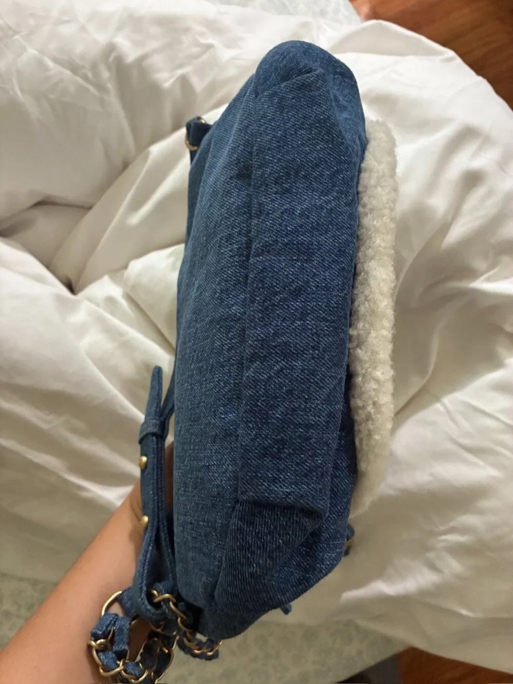 Chanel Denim Shearling Fur Waist Crossbody Bag White Blue Limited Edition